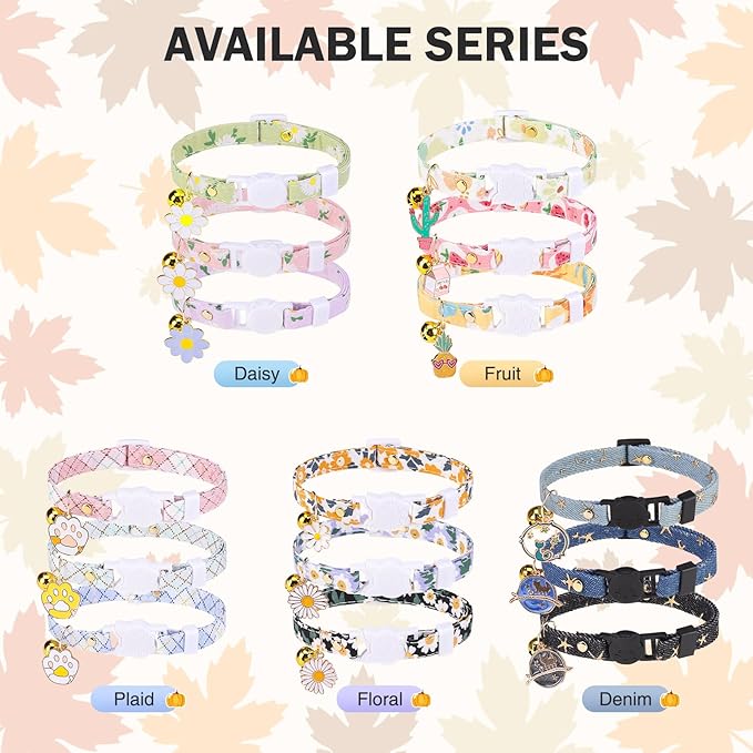 3 Pack Fall Breakaway Cat Collars with Bell & Charm-Thanksgiving Cat Collar for Girl Boy Cats with Safety Buckle- Cute Pumpkin Kitten Collar Adjustable 8"-12" for Kitty Puppy Small Pets