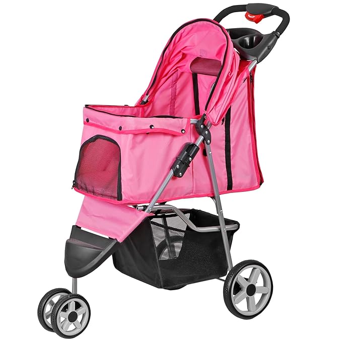 JungleA Foldable Pet Stroller for Cats Dogs,3 Wheel Jogger Stroller for Small to Medium Pets,Lightweight & Portable & Durable with Weather Cover, Storage Basket and Cup Holder,Pink