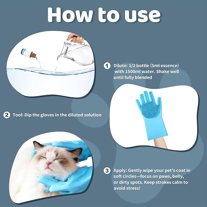 2Pcs Waterless No-Rinse Pet Shampoo Essence for Dogs & Cats with Blue Grooming Gloves | Pomegranate Scent for Skin & Coat Care | Includes 5-Finger Bathing & Massage Gloves for Dogs/Cats