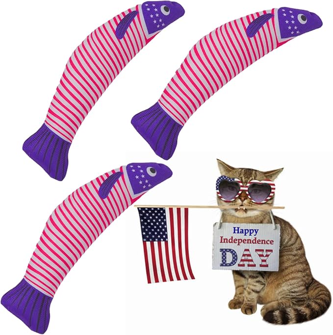 Catnip Fish Toys – Stars and Stripes Plush Cat Toys for Indoor Cats, Independence Day Themed Kicker Toy for Cats and Kittens, 4th of July Cat Gifts, 3-Pack