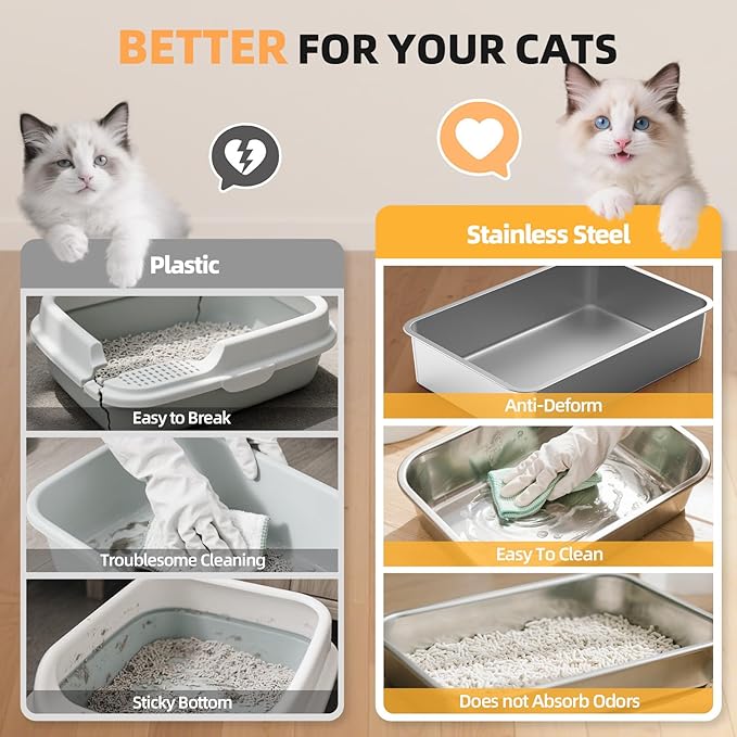 WoofiGo Enclosed Stainless Steel Cat Litter Box with Lid, XL Extra Large Litter Box for Big Cats, Metal Litter Pan High Sided, Never Absorbs Odors, Anti-Urine Leakage, Include Scoop (65-LightGray)