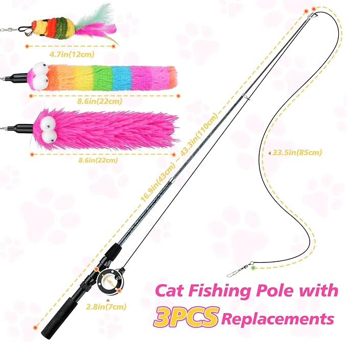 Pawaboo Cat Teaser Wand Toys, Cat Fishing Pole Toy with 3 Pack Feather Refills, 3-section Retractable Kitten Feather Toys with Pulley, Indoor Cats Teaser Catcher Exerciser with Bell,Rainbow + Rose Red