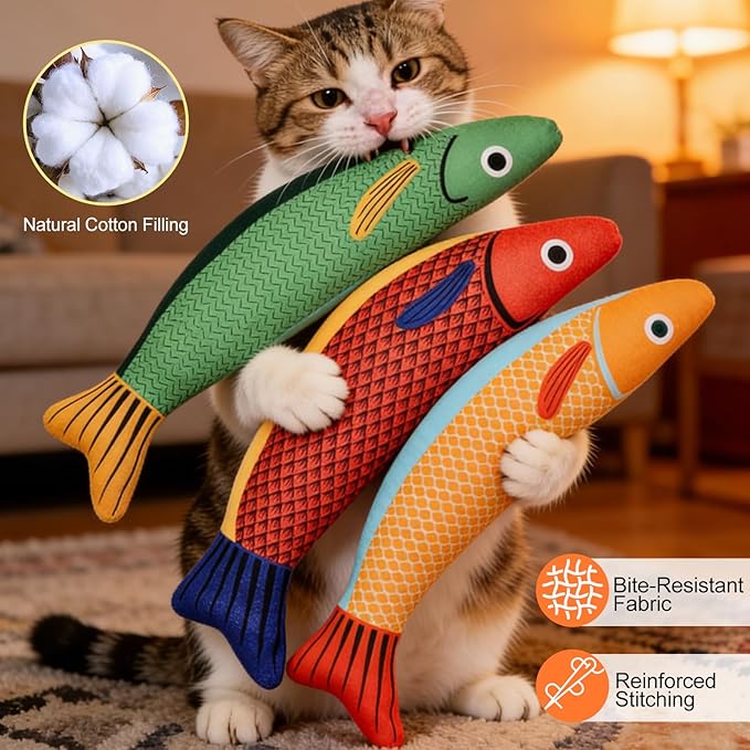 Catnip Toys for Cats Indoor, Cat Kicker Toy 3 Pack Plush Fish with Crinkle Sound, Interactive Kitten Toys for Boredom Relief, Soft Durable Cat Chew Toys for Indoor Cats and Kittens