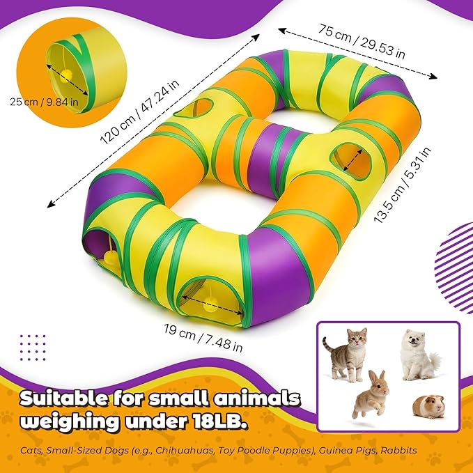 Cat Tunnel for Indoor Cats 8-Shaped, Collapsible Cat Playhouse Pet Play Tunnel Tube Maze with Hanging Pom-poms and Interactive Hole for Kitten, Kitty, Puppy, Rabbits, Ferret, Guinea Pig