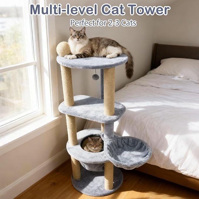 Tangkula Cat Tree for Indoor Cats, 47 Inch Multi-Level Cat Tower with Scratching Posts, Hammock, Basket Bed, Scratcher Ball, Top Perch, Dangling Toy, Cat Climbing Furniture Activity Center (Gray)