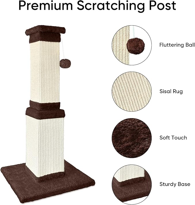 32 Tall Cat Scratching Post for Large Cats, Cat Scratcher for Indoor Cats Adults, Sturdy Sisal Scratch Post to Protect Furniture, Brown