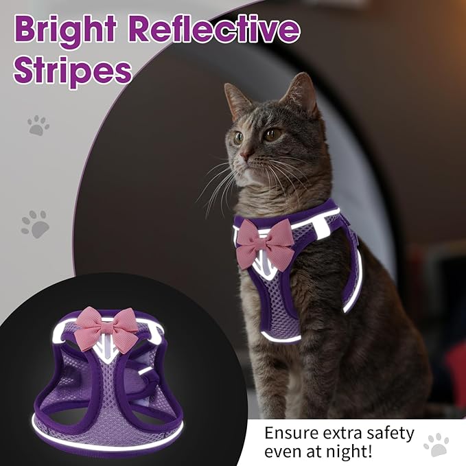 Cat Vest Harness and Leash Set for Walking Escape Proof, Adjustable Kitten Harness Breathable Mesh with Reflective Strips Harness for Kitty Puppy Bunny (Purple, XS)