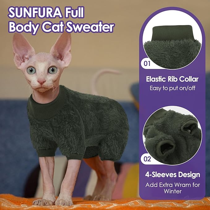 Sphynx Hairless Cat Sweater, Full Body Warm Fleece Sweaters with Sleeves for Cats, Soft Turtleneck Cat Clothes, Cozy Pullover Pajamas for Hairless Cats Devon, Donskoy, Army Green L
