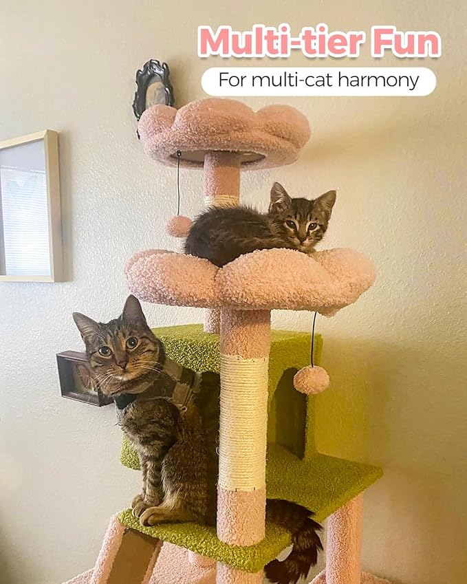 MUTTROS Flower Cat Tree, 70.9" Tall Tree for Indoor Cats, Large Tree for Large Cats, Multi-Level Tower with 6 Scratching Posts, 2 Condos, 2 Perches, Hammock, Pompoms, Pink
