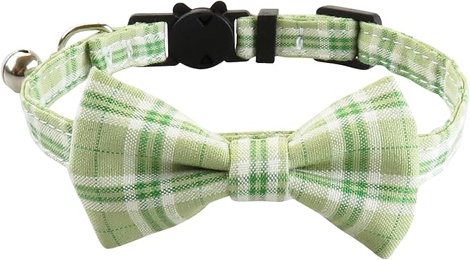 Cat Collar with Bow Tie and Bell, Breakaway Plaid Bowtie Cat Collar for Kitty, Cats, Puppy and Kittens, Green