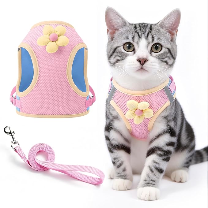 Cat Harness and Leash Set Escape Proof, Step in Mesh Cat Vest Harness with Cute Flower, Reflective Adjustable Kitten Harness and Leash Set for Walking (Pink, XS)