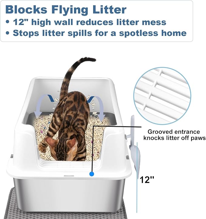 2 Pack Stainless Steel Cat Litter Box with Lid - XL Extra Large Enclosed Metal Litter Pan for Big Cats, High Sided Non-Stick Odor Resistant Anti-Urine Leakage, Easy Clean with Scoop & Mat, White