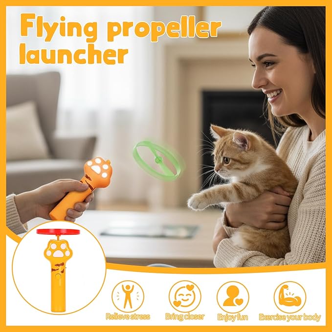 Cat Fetch Toy, Rechargeable Flying Disc Launcher Toy with 6 Flying Discs, Cat Toy Launcher, Flying Bird Cat Toy, Cat Interactive Toys for Outdoor and Indoor (Yellow)