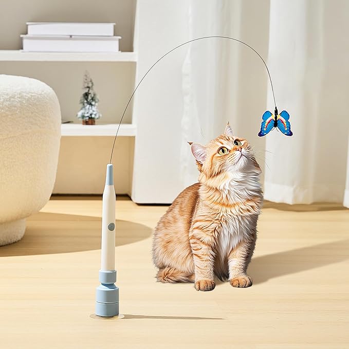 Electric Butterfly Cat Wand for Indoor Cats, 360 Spinning Self-Play with 2 Modes & Tap-to-Awake, Rechargeable Cleanable Suction Base, 3 Butterfly Refills, Interactive Cat Toy