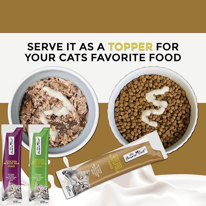 Fussie Cat Premium Puree Lickable Cat Treats in Goat Milk, Chicken Variety Pack, 3 Packs of 4-0.5oz Tubes (12 Total Tubes) + Lid
