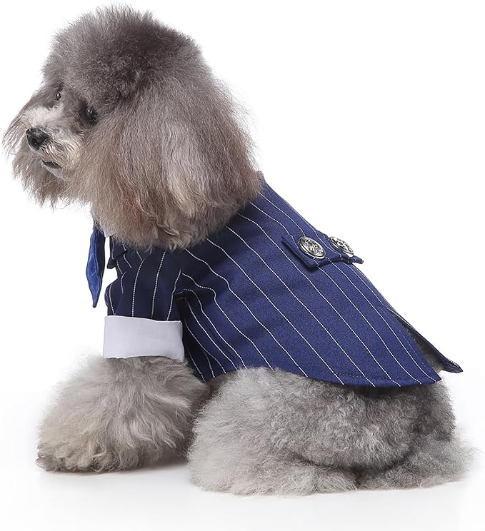 GabeFish Pets Wedding Jackets Suit for Dogs with Bow Tie Puppy Cat Formal Clothes Shirt Tuxedo (BlueStriped, L (Chest 17.3in/44cm)