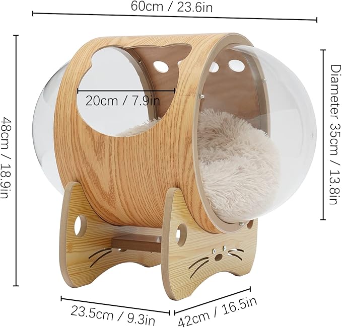 Space Capsule Cat House, Cat Dog Wooden Modern Pet Bed with Cushion, Cats Nest & Kennel Wooden Furniture for About 8.5kg/18.74lbs Cats
