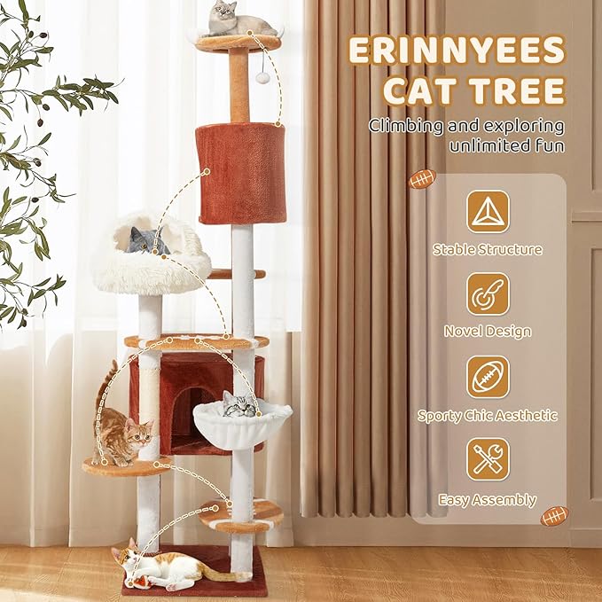 Erinnyees 74" Extra Large Football Cat Tree Tower for Indoor Cats, Multi-Level Sports Themed Cat Condo with Sisal Scratching Posts & Hammocks, Heavy Duty Tall Pet Furniture Gifts for Fans