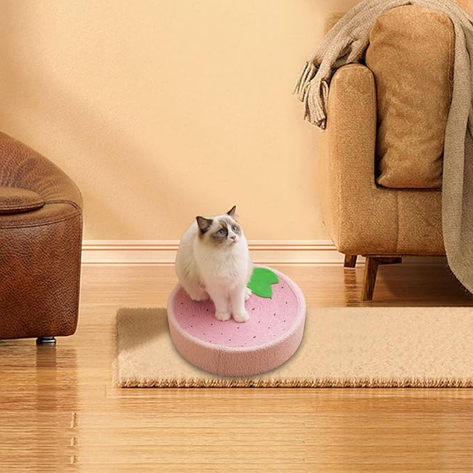 KLKCS Cat Scratcher Pad, Strawberry, Round, Compact, Multifunctional, Protects Furniture, Great Gift