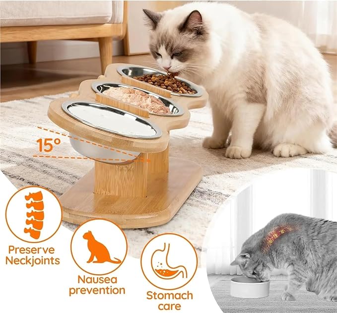 Triple Stainless Steel Pet Bowl with Elevated Wooden Stand, Food Water Feeder for Cats Puppies