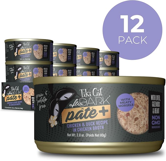 Tiki Cat After Dark Pate+ Wet Cat Food, Chicken & Duck, 2.8 oz. Cans (Pack of 12)