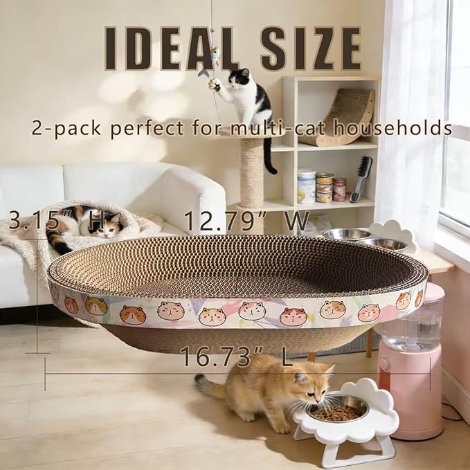 2PCS Cat Cardboard Scratcher with Toys, Oval 16.7" x 12.8" Kitty Scratching Board for Indoor Kitten Play Scratch Bed Sofa Furniture Protector