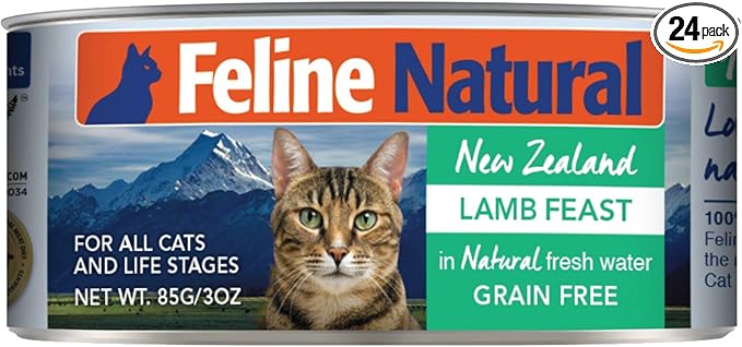 Feline Natural New Zealand Canned Catfood Wet Food, High-Meat, Low-Carb, & Grain Free Cat Food Wet, Lamb Feast, 3 oz, Pack of 24