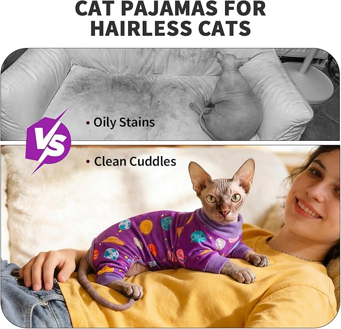 Sticky Hair Cat Clothes, Anti-Shedding Cat Pajamas, Post-Surgery Recovery Onesie, Soft Breathable, Prevents Licking & Scratching Wounds, Warm Cats Sweater, Sphynx Cats Clothing- Purple M