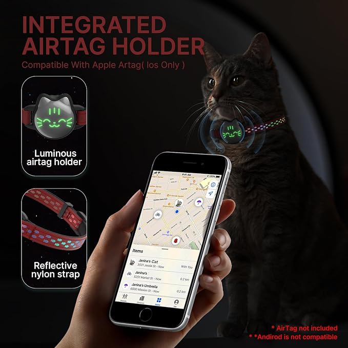 Waterproof Airtag 2nd & 1st Cat Collar, Breakaway Cat Airtag Collar with Luminous & Reflective Pattern Strap, Lightweight Kitten Collar for Apple Air tag, Hidden Holder for GPS Tracker - Cats, Kittens