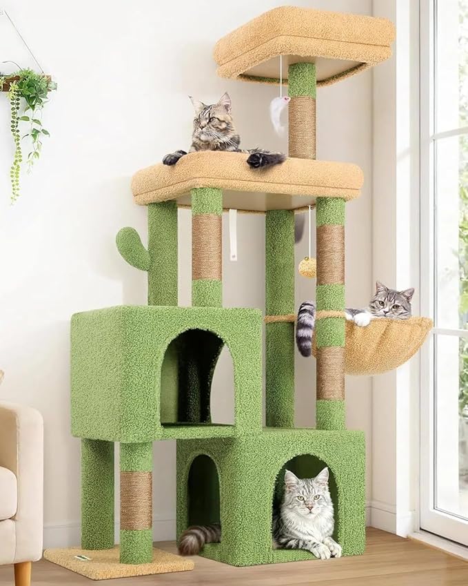 Globlazer Cactus Cat Tree Condo Tower for Indoor Cats, 52in Multi-Level Cat Scratching Tree with 2 Cat Condos, 5 Sisal Scratching Posts, 2 Padded Perches, Sturdy Basket, Widened Base, S52, Green