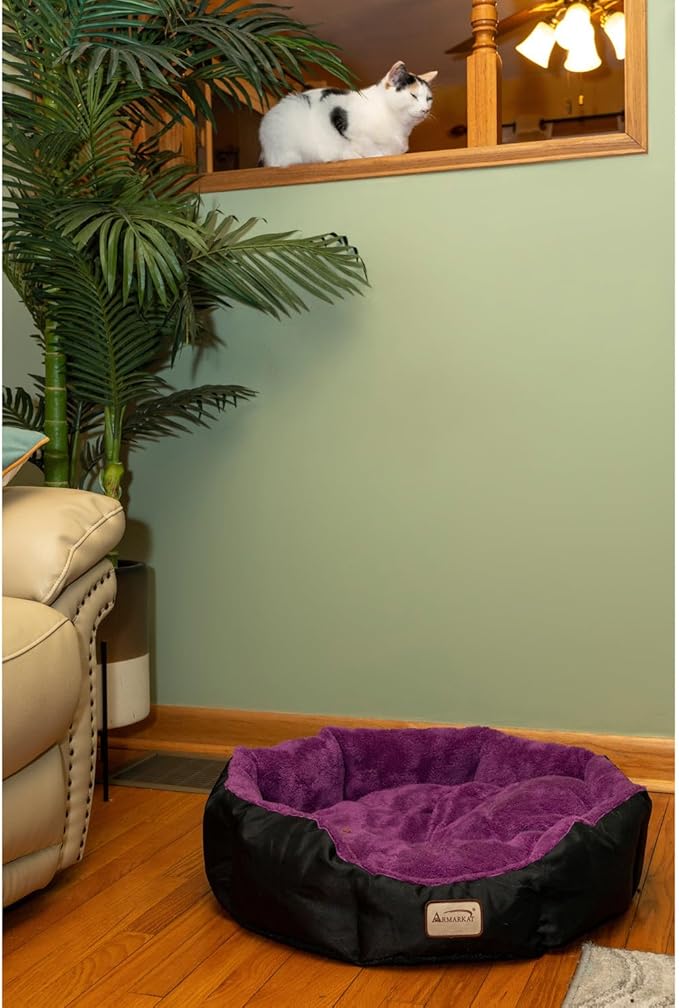 HomeStock Soft Cat Bed - Plush Velvet Round Bed, 23.5" - Bolstered Walls, Machine Washable - Mulberry/Black