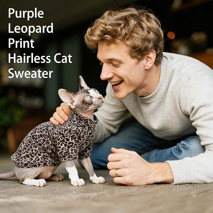 Sphynx Cat Sweater Hairless Cat Clothes Sweater Shirt Soft Warm Long Sleeves Pullover Pet Clothes Pajamas Dog Cloth for Small Dogs Jumpsuit Pet Sweaters (Purple Leopard, X-Large)