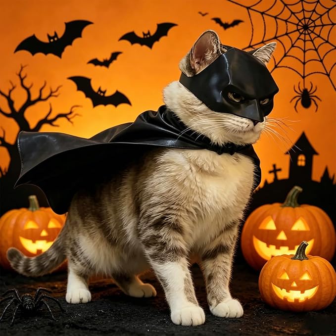 Lamiarga Cat Costume for Cat and Cat Mask Cosplay Set, Black Leather Cape Outfit for Halloween, One Size Fits All Cat Breeds