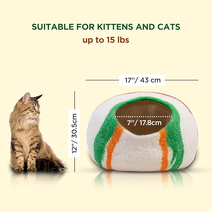 Woolygon Premium Felt Cat Cave Bed – Wool Kitty Beds Handcrafted Kitten Caves Bed for Indoor Cats - Made from Merino Wool, Foldable Cat Hideaway Covered Cat House Pod (Candy Swirl)