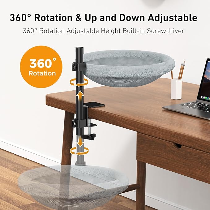 On/Under Cat Desk Bed - 360°Rotation & Adjustable Mount Perch Cats Hammock Up to 50 lbs Cat Furniture for Office Desks and Game Tables with 2 Soft and Breathable Dual-Sided Reversible Mat