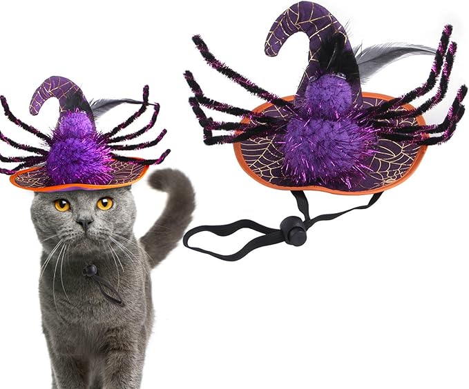 Halloween Adjustable Witch Pet Hat for Cats Dogs Purple Spider Pet Hat for Small and Medium Cats Dogs Halloween Funny Head Accessories