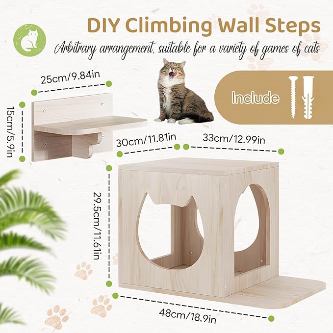 Cat Wall Furniture Set, Cat Wall Shelves Cat Wall Climber with 1 Cat Wall House and 1 Cat Wall Step Wooden Wall Mounted Cat Bed Cat Shelves and Perches for Indoor Cats Playing, Sleeping, Climbing