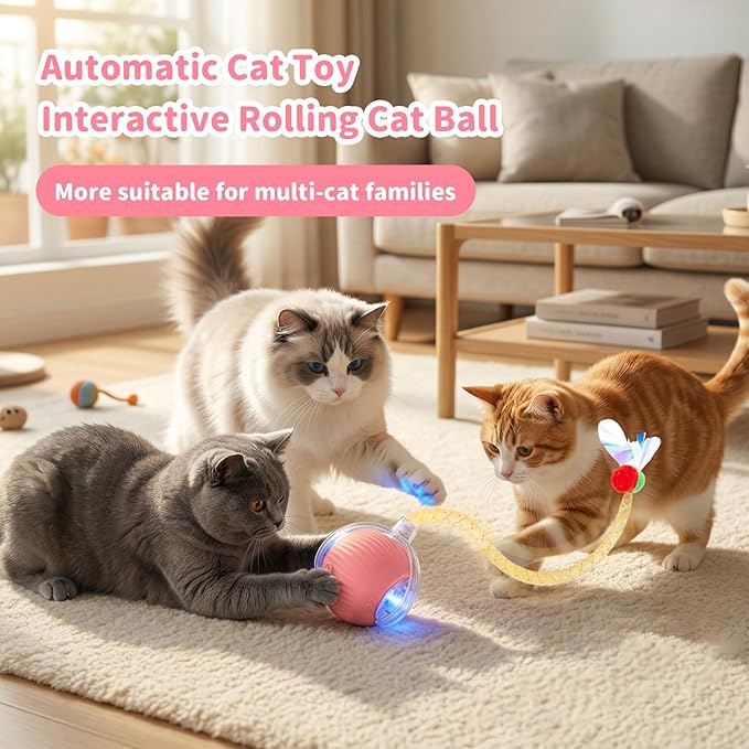 Interactive Cat Toys for Indoor Cats Smart Automatic Ball Rolling for Bored Kitten Pet Upgraded Speedy Moving Chase Dogs Toy Mothers Day Gifts Pink Dragonfly