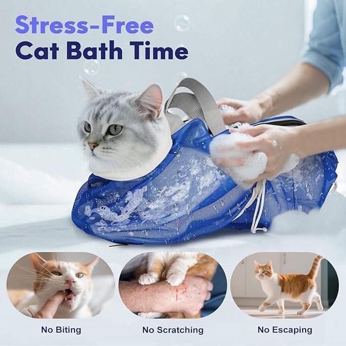 Cat Bathing Bag Anti Scratch Bite Breathable Mesh- Cat Grooming Bag for Nail Trimming, Injections, Medication, Dental Care, Vet Visits, Cats Shower Bag with Zippers,Blue M