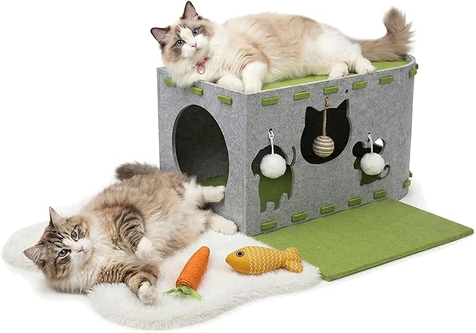 3-in-1 Large Cat House & Cat Tunnel for Indoor Cats - Foldable Felt Cat Cave Bed with Scratching Surface, Washable Mat & Toys - Sturdy Interactive Pet Condo Hideaway for Kittens & Small Dogs