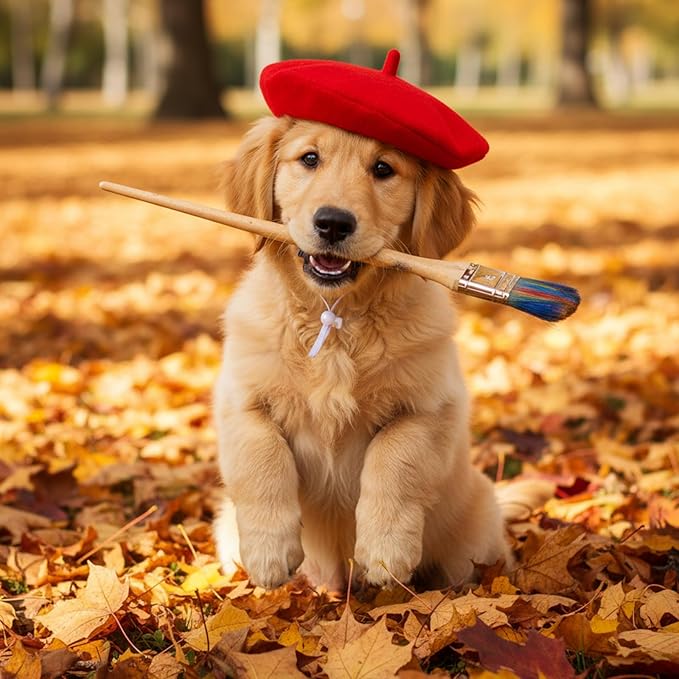 2 PCS Dog Beret Cat Beret Dog French Hat Fedora Artist Pet Costume Berets for Small Dogs Cat Photo Props for Pets (Black, Red)