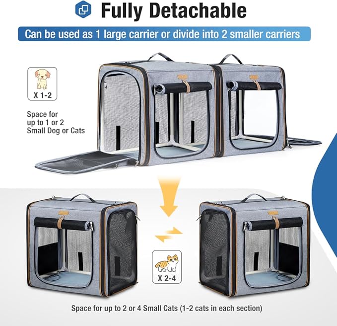 Lekereise Large Cat Carrier for 2 Cats, 2-in-1 Cat Travel Carrier with Litter Box, (17.7" x2) x16.5"x13" Pet Carrier with Zipper Locks for Moving Across The Country (No Hammock) - Grey