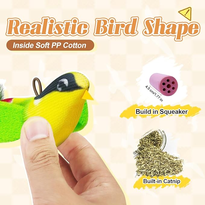 Andiker Chirping Bird Cat Toy, Simulated Bird Shape Catnip Cat Toy for Cats with Elastic Hanging Rope Lightweight Interactive Cat Toy for Indoor Cats Kittens Chewing Biting Fetching (Brown)