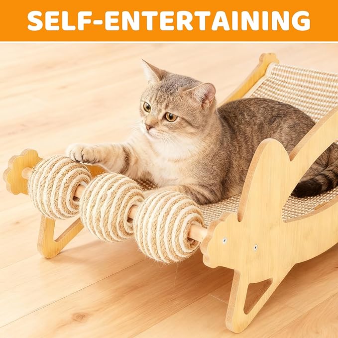 TIMIEEYA Cat Scratcher Bed, 3-in-1 Cat Scratching Pad with Hammock & Ball, Natural Sisal with Solid Wood Frame Cat Scratch Post for Indoor Cats Lounger & Sleep & Scratch