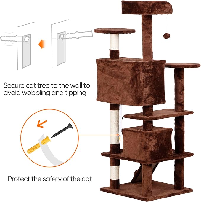 52” Multi-Level Cat Tree Condo Furniture Kitten Activity Play House Bed Pet Kitty Climbing Tower with Scratching Posts/Plush Perch/Scratcher Ladder/Tunnel for Cats,Kittens,Pets (Brown)