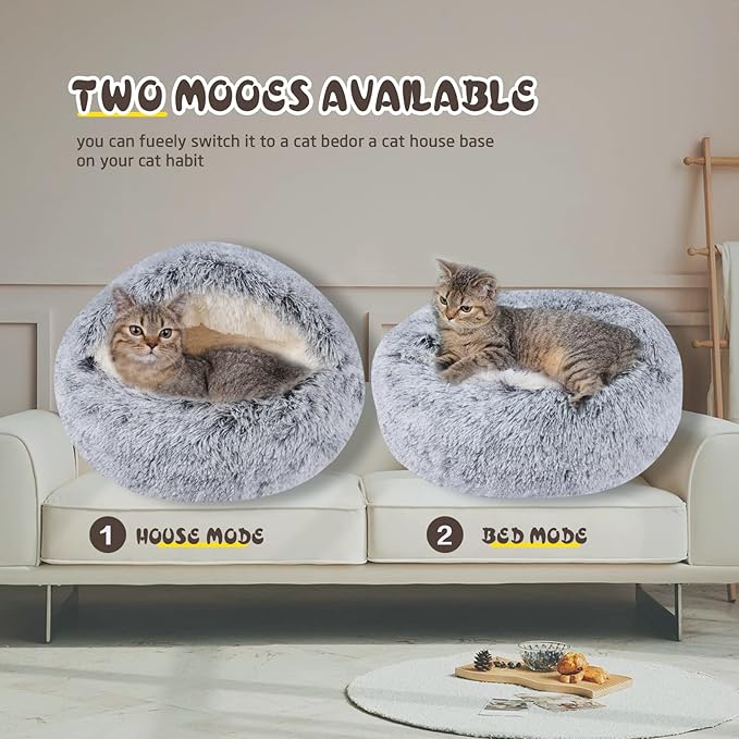 Cat Bed for Indoor Cats, Calming Cozy Cave with Self-Warming Plush, Entire Bed Machine Washable & Anti-Slip Base, Breathable Pet Bed for Small Cats&Dogs All Seasons (Grey, 20 * 20inch)