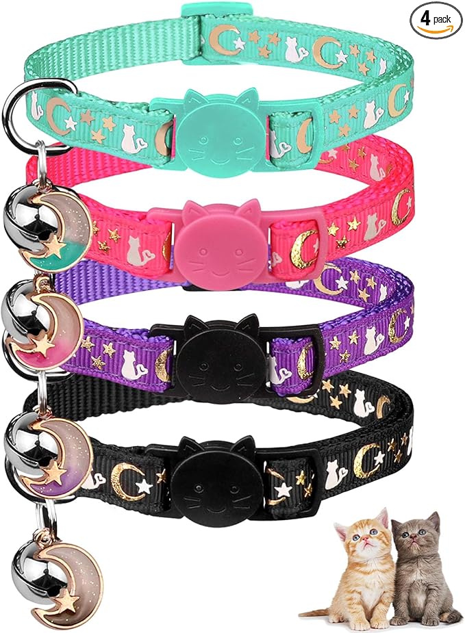 4PCS Cat Collar with Bells,Breakaway Cat Collars,Kitten Collar with Bell Moons Stars Cute Kitty Safe with Pendant,Cat Collars for Girl Cats 6.9-10.7 Inch(Black&Purple&Pink&Teal)