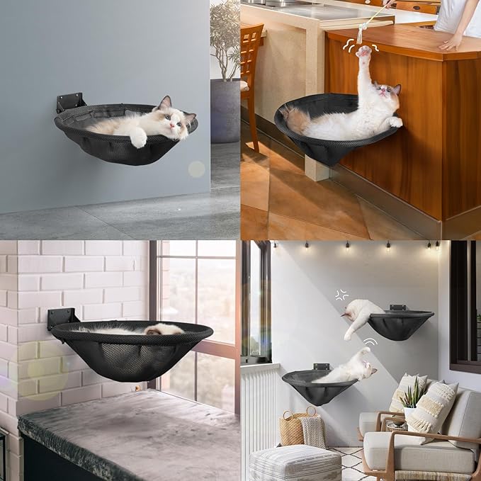 JUNSPOW Cat Hammock Wall Mounted, Foldable & Stable Cat Beds- Breathable Cat Wall Shelves for Sleeping, Playing, Climbing, and Lounging - Maximum Hold Up to 30lb (Black)
