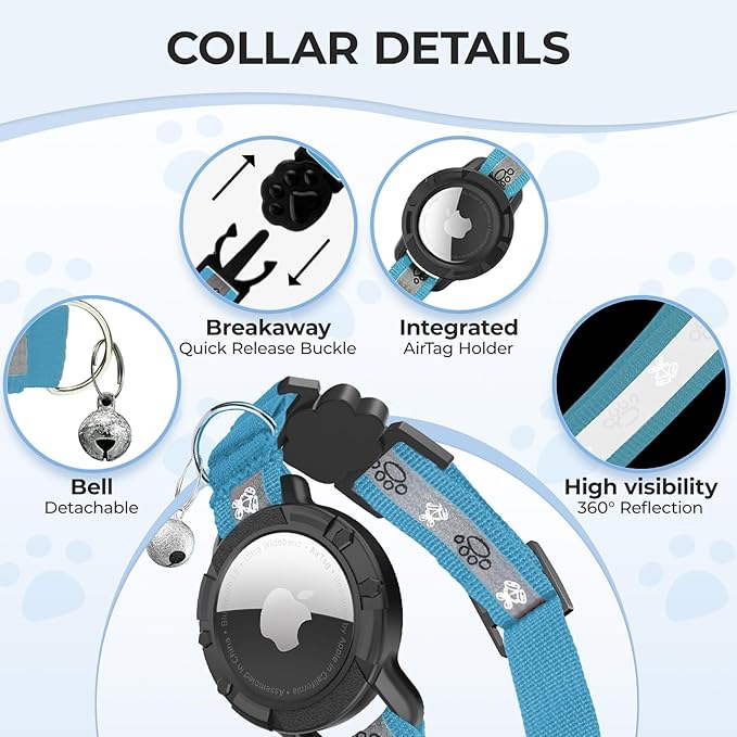 Breakaway AirTag Cat Collar, Reflective Cat Tracker Collar with Air Tag Holder and Bell, Safety Elastic Band Cat GPS Collars for Girl Boy Cats, Kittens and Puppies (Blue, 8-13'')