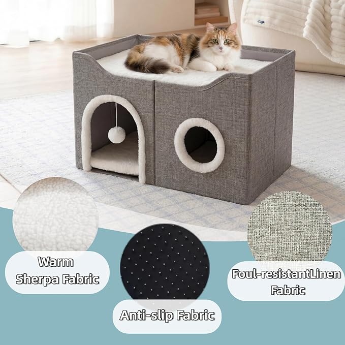 Eolahalcy Cat Beds for Indoor Cats - Large Cat Cave for Pet Cat House with Fluffy Ball Hanging and Scratch Pad, Foldable Cat Houses for Large Indoor Cats,Cat Hideaway, 23.8x15.9x13.2 inches, Grey